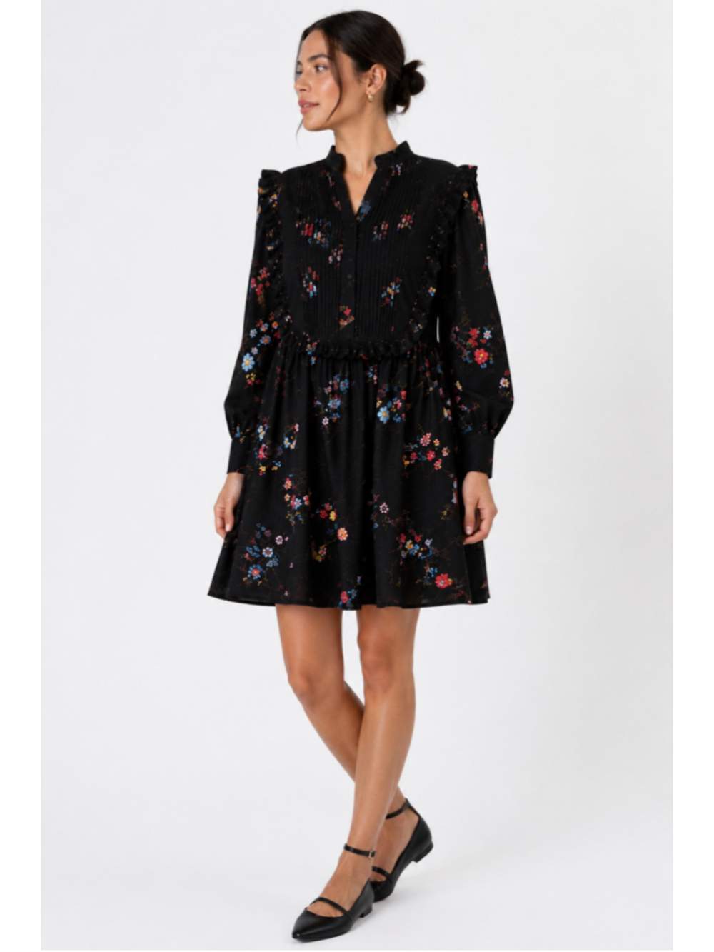 ERDEM x H&M Floral Pleated Bib Ruffle Victorian Mini Dress Black US 12 EUC